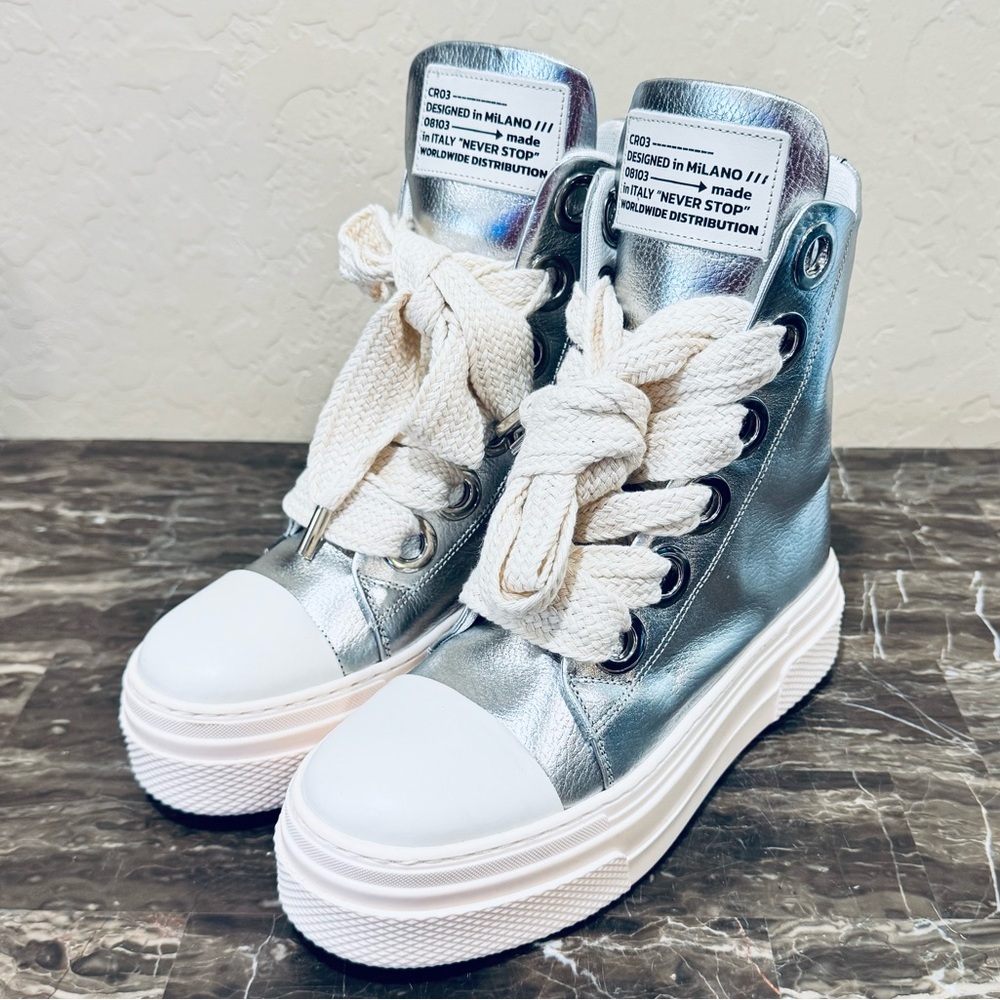 NEW Christian Zerotre Calipso 300 Silver Leather Platform High Top Sneakers